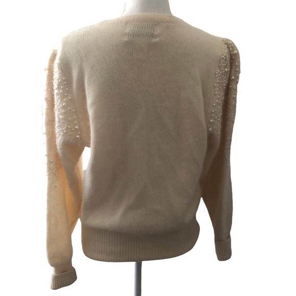 Vintage Sideffects Cream Knit Lambswool Angora Rabbit Hair Sweater Pearls M - Picture 8 of 9